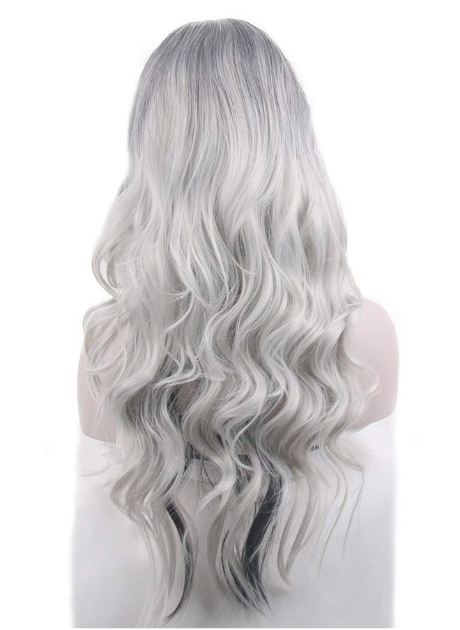 Besuante - Beautyself Silver Grey Costume Wigs for Women Halloween Curly Long Wavy Fashion Cosplay Ombre Black Mix Gray Hair Wigs with Wig Cap - Image 1