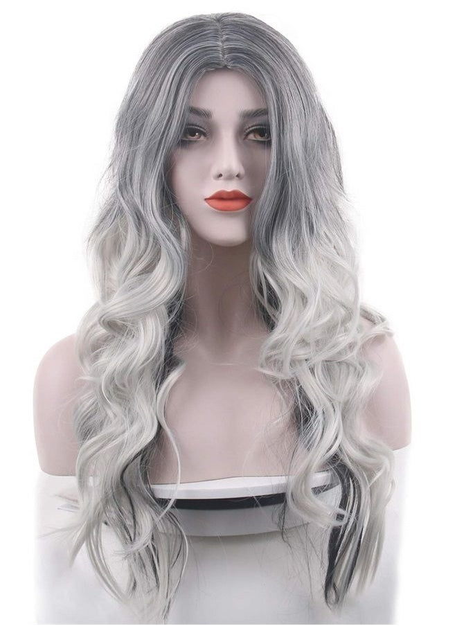 Besuante - Beautyself Silver Grey Costume Wigs for Women Halloween Curly Long Wavy Fashion Cosplay Ombre Black Mix Gray Hair Wigs with Wig Cap - Image 1