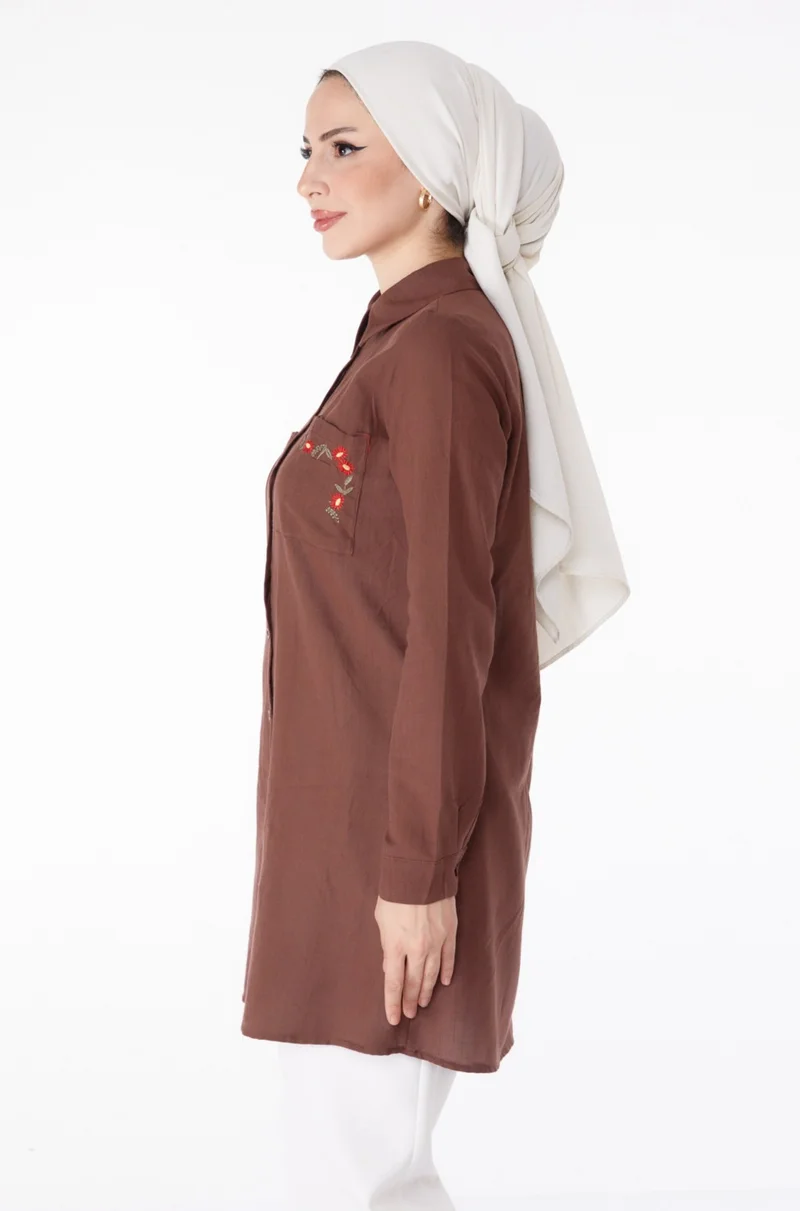 Tofisa Plain Shirt Collar Women's Brown Pocket Embroidery Detail Tunic - 13170