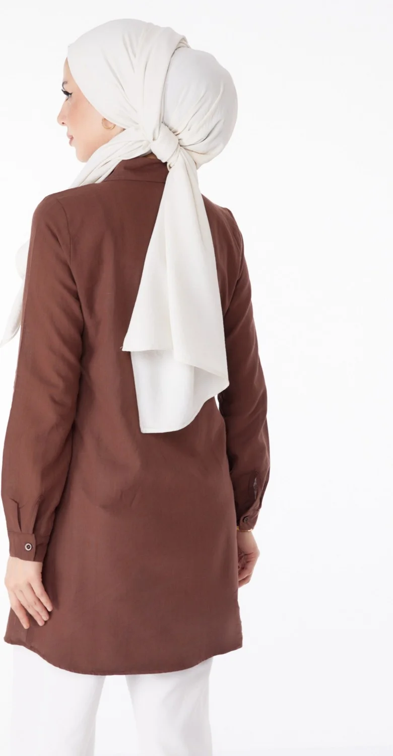 Tofisa Plain Shirt Collar Women's Brown Pocket Embroidery Detail Tunic - 13170