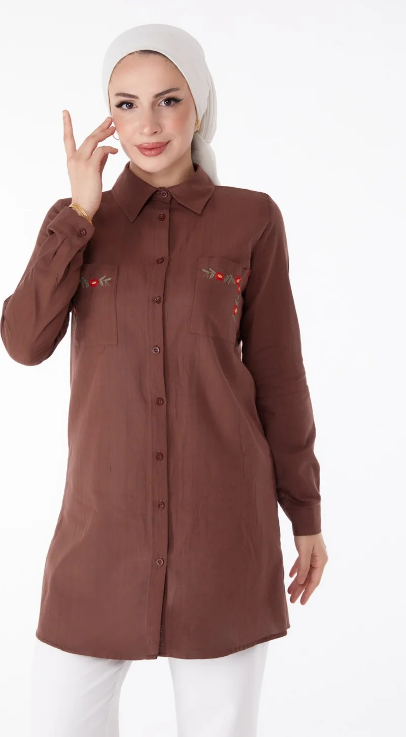 Tofisa Plain Shirt Collar Women's Brown Pocket Embroidery Detail Tunic - 13170