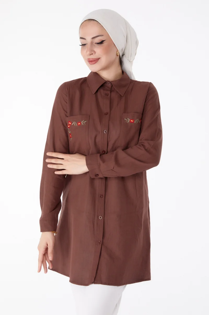 Tofisa Plain Shirt Collar Women's Brown Pocket Embroidery Detail Tunic - 13170