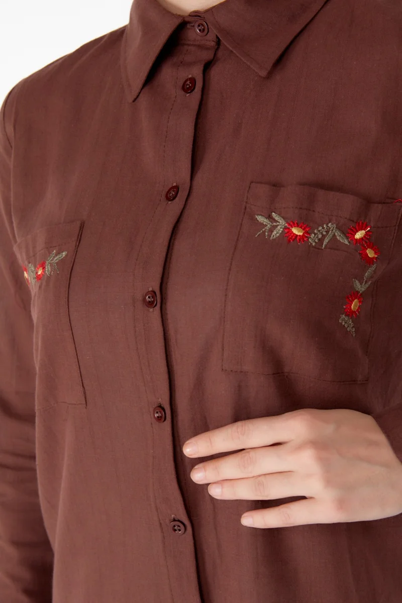 Tofisa Plain Shirt Collar Women's Brown Pocket Embroidery Detail Tunic - 13170