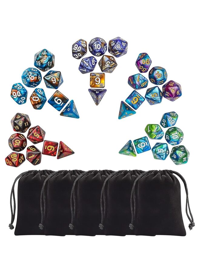 مجموعة نرد متعدد السطوح مع أكياس سوداء، 5 مجموعات كاملة من النرد ثنائي الألوان من D4 D6 D8 D10 D% D12 D20 متوافقة مع ألعاب الطاولة - Image 1
