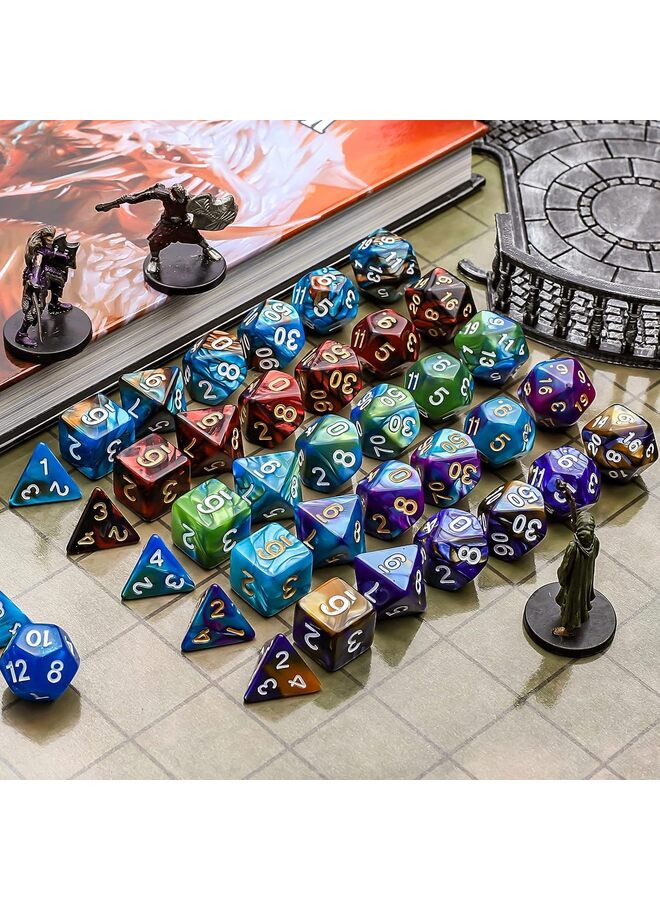 مجموعة نرد متعدد السطوح مع أكياس سوداء، 5 مجموعات كاملة من النرد ثنائي الألوان من D4 D6 D8 D10 D% D12 D20 متوافقة مع ألعاب الطاولة - Image 3