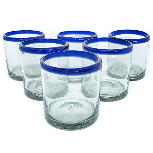 MexHandcraft Cobalt Blue Rim 8 oz DOF Rock Glasses (set of 6), Recycled Glass, Lead-free, Toxin-Free (DOF Rocks) - Image 1
