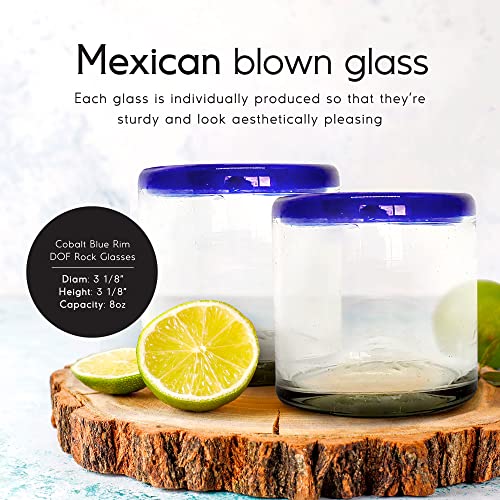 MexHandcraft Cobalt Blue Rim 8 oz DOF Rock Glasses (set of 6), Recycled Glass, Lead-free, Toxin-Free (DOF Rocks) - Image 2