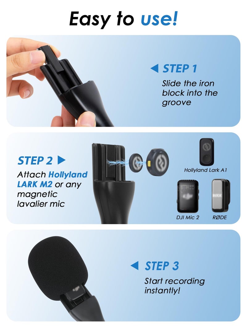 YOUSHARES Handheld Interview Microphone Holder for Hollyland Lark M2 - Iron Magnetic Slide Rail fits Hollyland Lark A1/MAX/150 & Rode/DJI Magnetic Lavalier Wireless Mics - Image 3