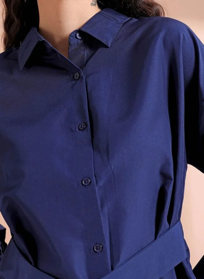 Freehand  Women Fit and Flared Solid Round Neck Long Sleeve Shirt Dress for Women | Best Price UAE