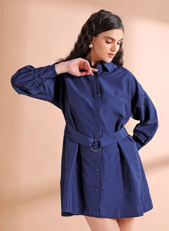 Freehand  Women Fit and Flared Solid Round Neck Long Sleeve Shirt Dress for Women | Best Price UAE