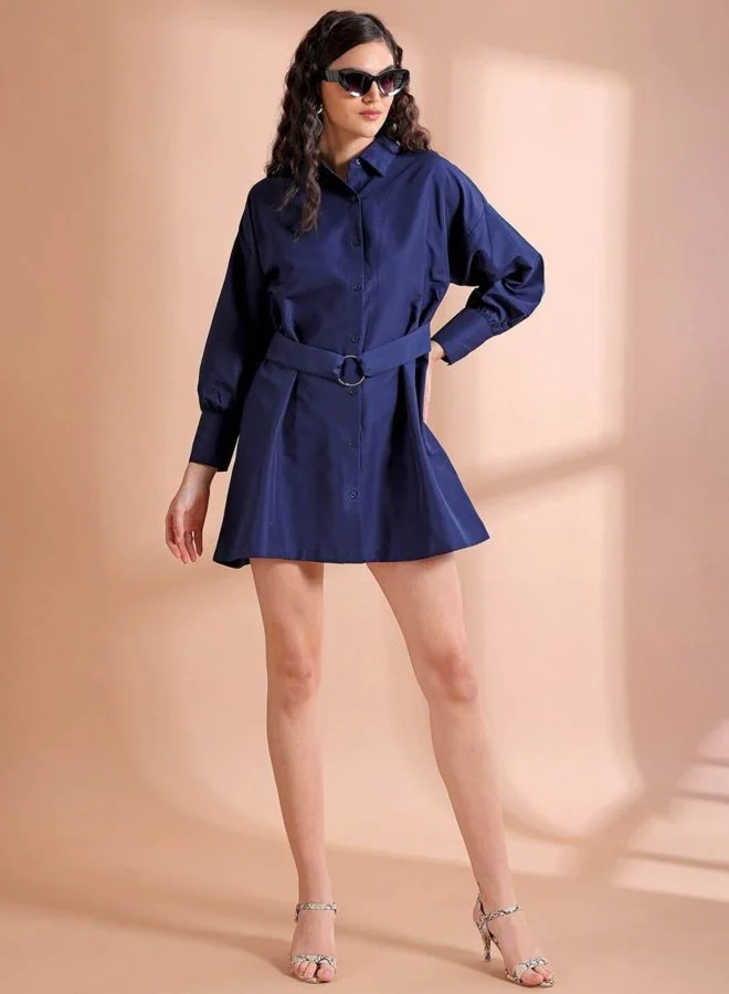 Freehand  Women Fit and Flared Solid Round Neck Long Sleeve Shirt Dress for Women | Best Price UAE