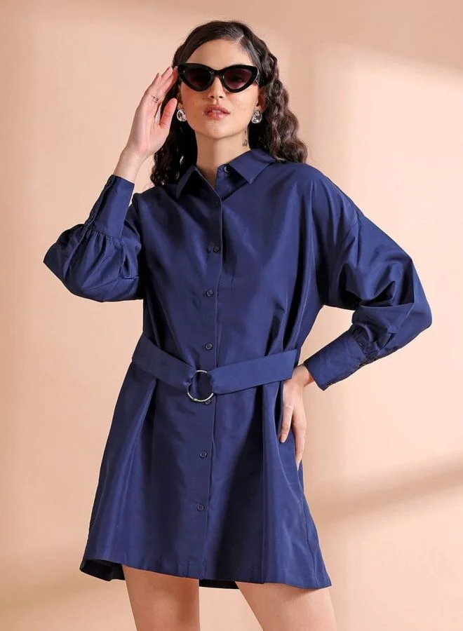 Women Fit and Flared Solid Round Neck Long Sleeve Shirt Dress