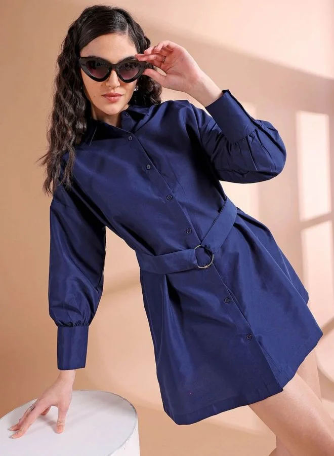 Freehand  Women Fit and Flared Solid Round Neck Long Sleeve Shirt Dress for Women | Best Price UAE