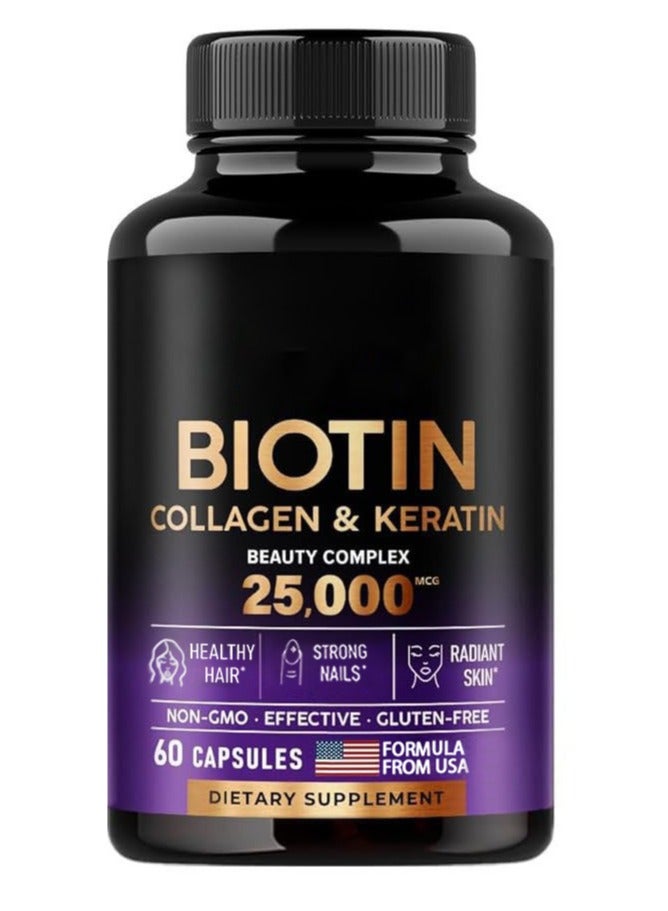 Biotin Biotin | Collagen | Keratin - Clinically Tested Supplement - Hair Growth Support - Skin & Nails Complex 25000 mcg - Hyaluronic Acid | B2 | B3 | B6 | B7 - For Women & Men | 60 Capsules - Image 1