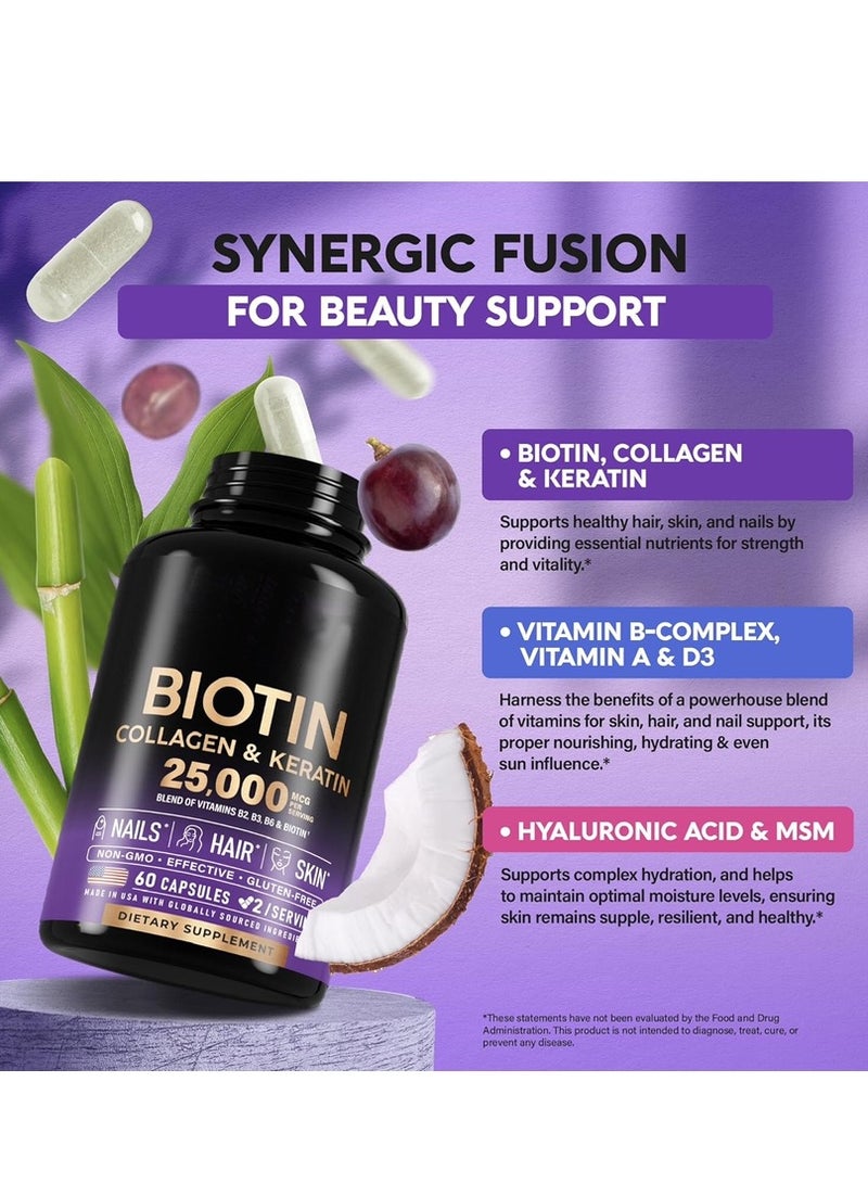 Biotin Biotin | Collagen | Keratin - Clinically Tested Supplement - Hair Growth Support - Skin & Nails Complex 25000 mcg - Hyaluronic Acid | B2 | B3 | B6 | B7 - For Women & Men | 60 Capsules - Image 4