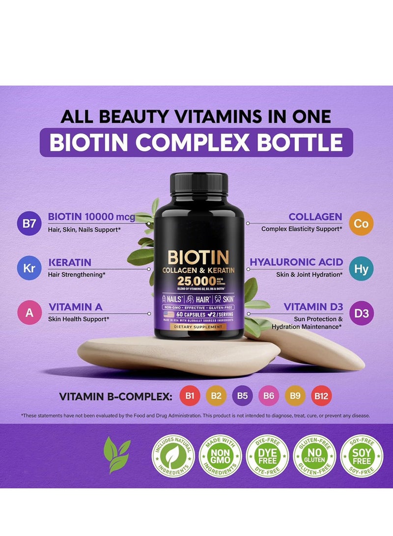 Biotin Biotin | Collagen | Keratin - Clinically Tested Supplement - Hair Growth Support - Skin & Nails Complex 25000 mcg - Hyaluronic Acid | B2 | B3 | B6 | B7 - For Women & Men | 60 Capsules - Image 3