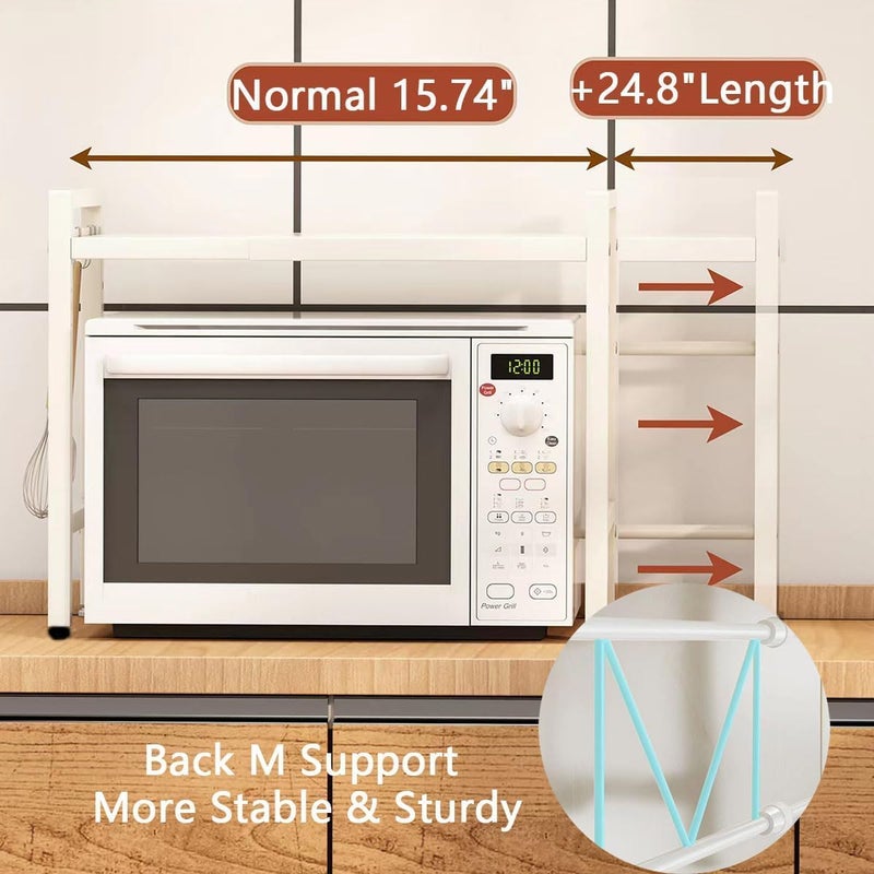 HOOKOR Microwave Oven Stand Countertop,2-Tier Expandable Microwave Oven Rack with Hooks,Kitchen Counter Top Organizer and storage, Height and Length Adjustable,100lb Weight Capacity(White) - Image 3