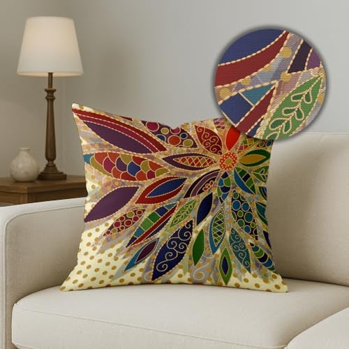 BRICK HOME Set of 5 Polycotton Printed Cushion Covers 18x18 Inches | Feather & Floral Mandala Design | Multicolor Decorative Pillow Covers | Soft Fabric Cushion Covers for Sofa, Couch & Living Room - Image 3