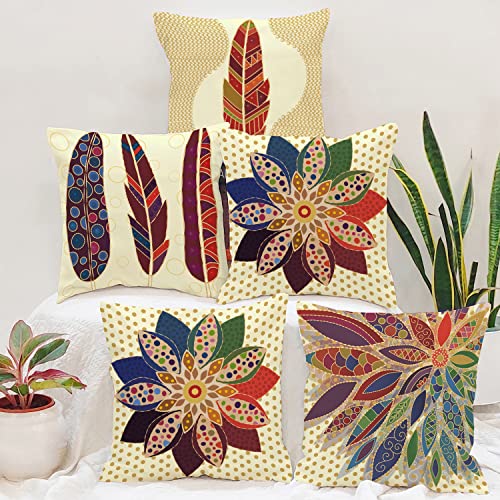 BRICK HOME Set of 5 Polycotton Printed Cushion Covers 18x18 Inches | Feather & Floral Mandala Design | Multicolor Decorative Pillow Covers | Soft Fabric Cushion Covers for Sofa, Couch & Living Room - Image 1