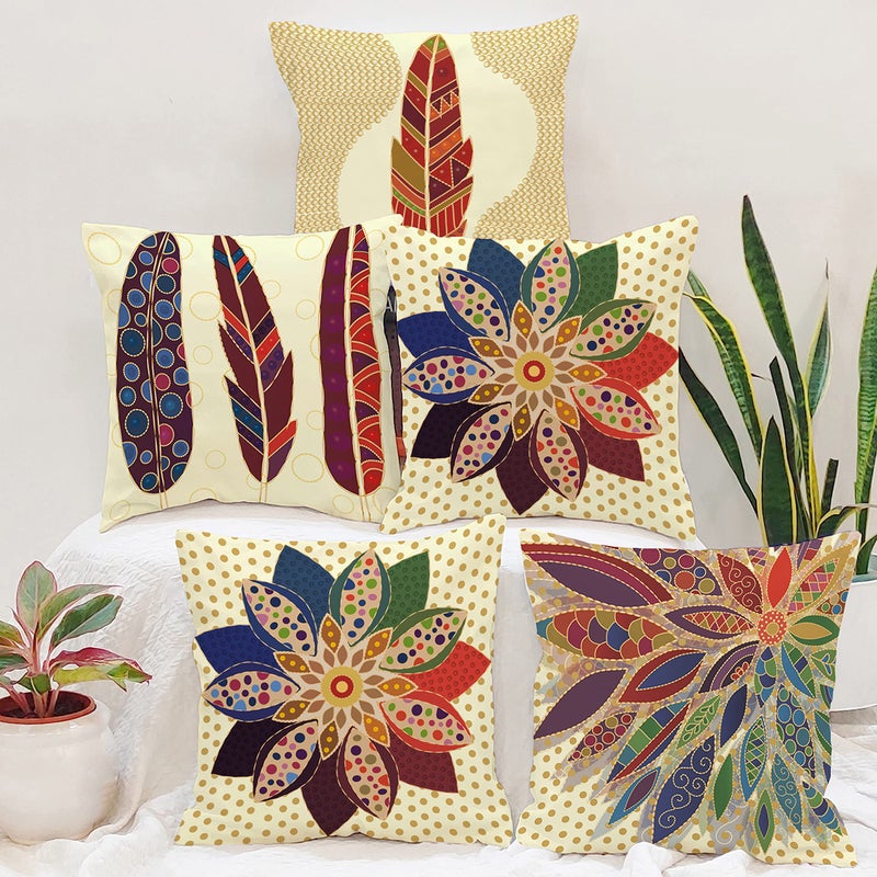 BRICK HOME Set of 5 Polycotton Printed Cushion Covers 18x18 Inches | Feather & Floral Mandala Design | Multicolor Decorative Pillow Covers | Soft Fabric Cushion Covers for Sofa, Couch & Living Room - Image 5