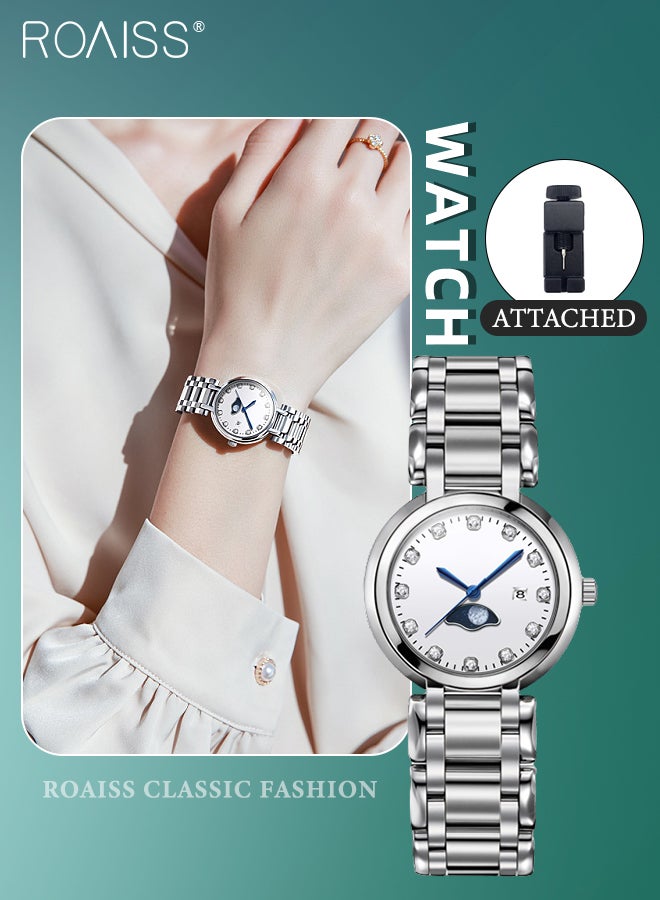 roaiss Women's Steel Strap Quartz Watch Analog Display Round Dial with Diamonds Decoration and Moon Phase Display Waterproof Luxurious Wristwatch as Gift for Ladies - Image 1