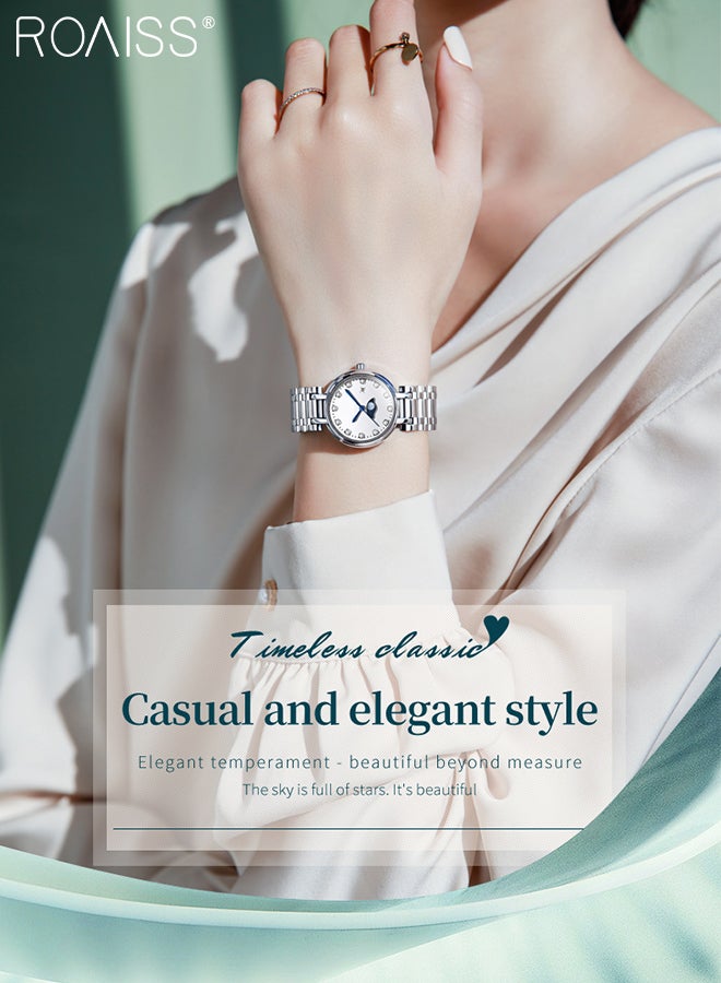 roaiss Women's Steel Strap Quartz Watch Analog Display Round Dial with Diamonds Decoration and Moon Phase Display Waterproof Luxurious Wristwatch as Gift for Ladies - Image 2