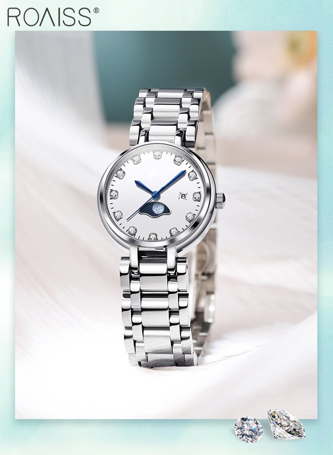 roaiss Women's Steel Strap Quartz Watch Analog Display Round Dial with Diamonds Decoration and Moon Phase Display Waterproof Luxurious Wristwatch as Gift for Ladies - Image 3