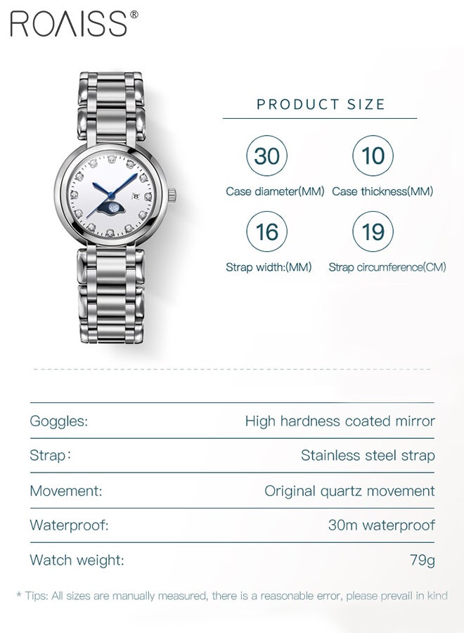 roaiss Women's Steel Strap Quartz Watch Analog Display Round Dial with Diamonds Decoration and Moon Phase Display Waterproof Luxurious Wristwatch as Gift for Ladies - Image 4
