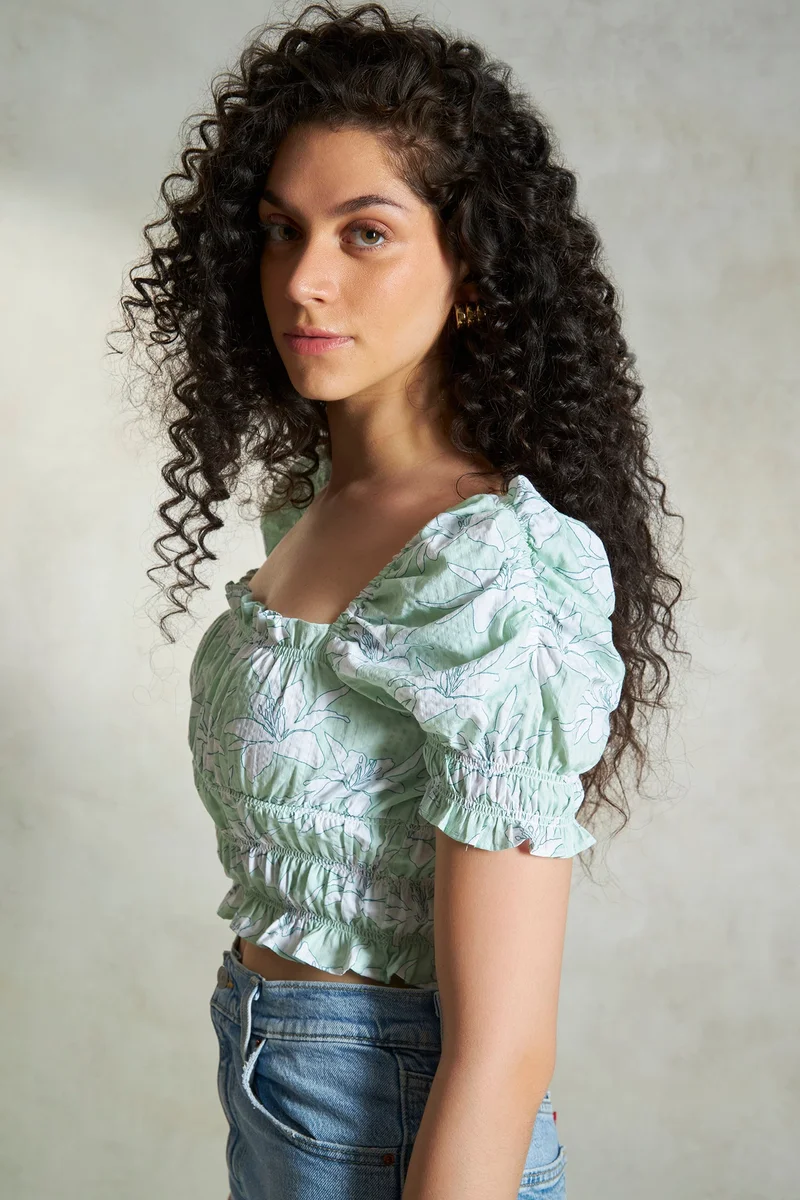 Virgio Floral Cotton Green Floral Bustier Crop Top for Women