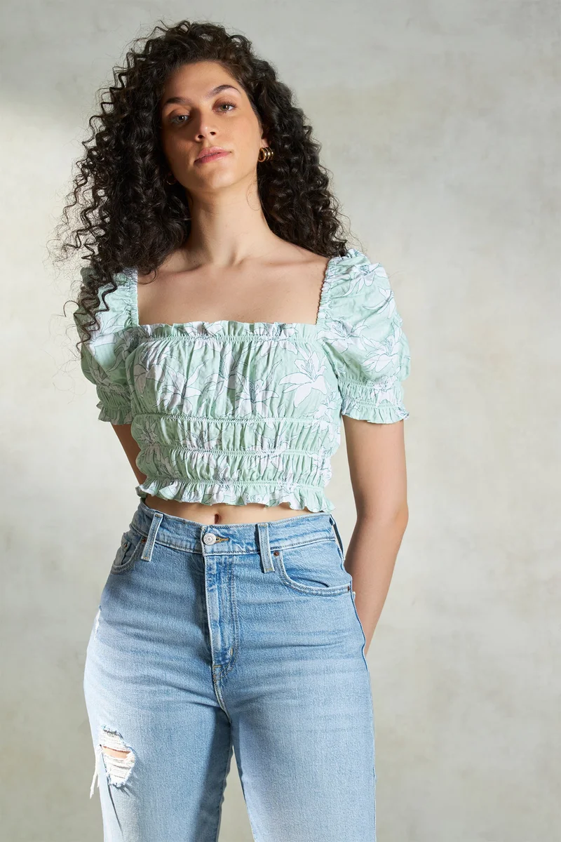 Virgio Floral Cotton Green Floral Bustier Crop Top for Women