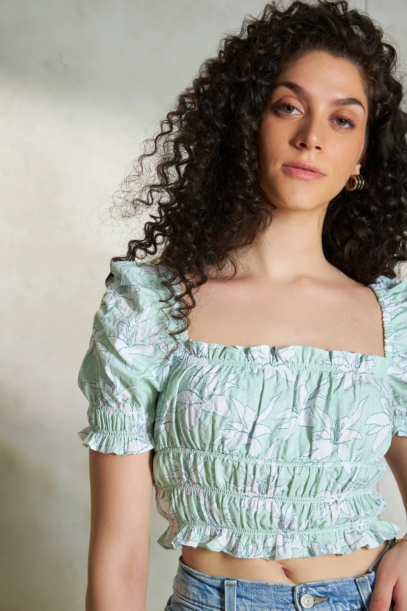 Floral Cotton Green Floral Bustier Crop Top for Women