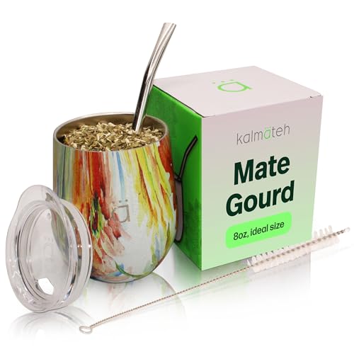 Kalmateh Yerba Mate Gourd 8 oz, Double Wall Stainless Steel Mate Cup with BPA-Free Lid, Bombilla Filter Straw & Cleaning Brush, Perfect for Hot & Cold Drinks - Image 1