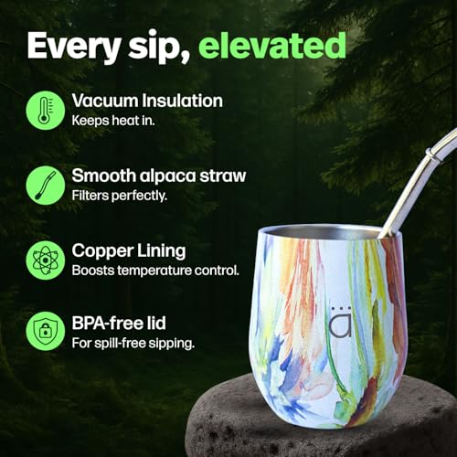 Kalmateh Yerba Mate Gourd 8 oz, Double Wall Stainless Steel Mate Cup with BPA-Free Lid, Bombilla Filter Straw & Cleaning Brush, Perfect for Hot & Cold Drinks - Image 2