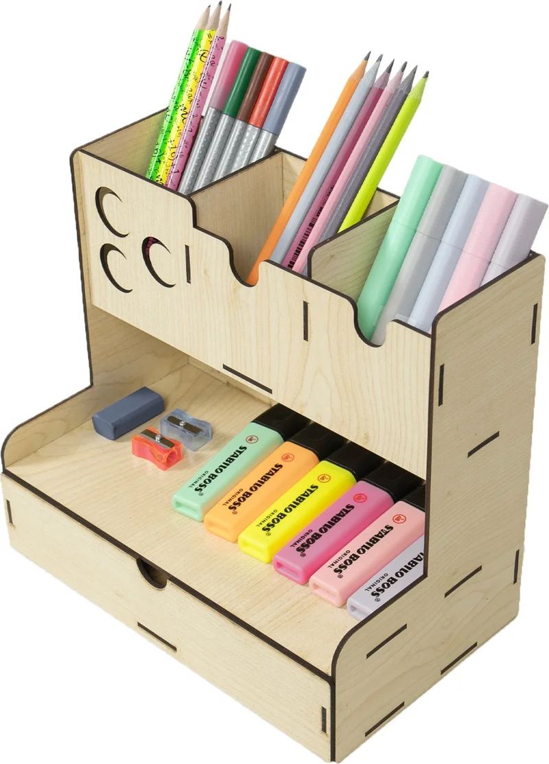 Notpa Drawer Three Crescent Patterned Maple Desktop Pencil Holder Organizer Assembled Product