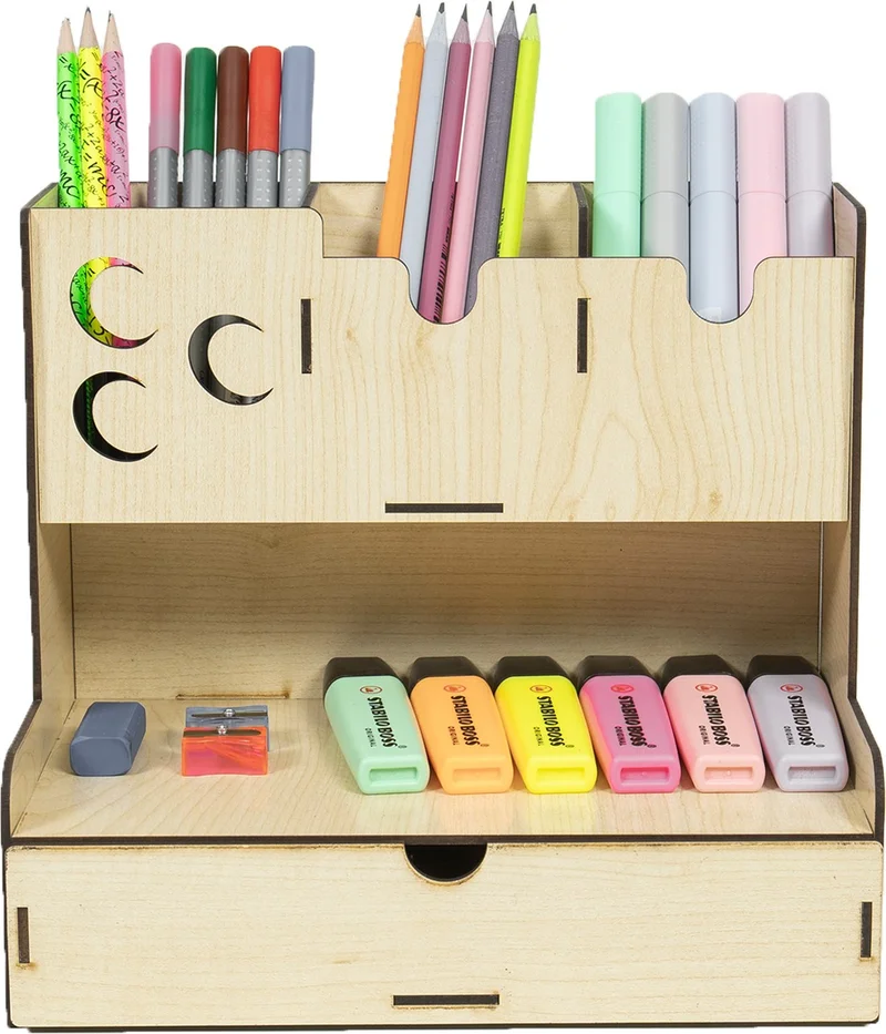 Notpa Drawer Three Crescent Patterned Maple Desktop Pencil Holder Organizer Assembled Product