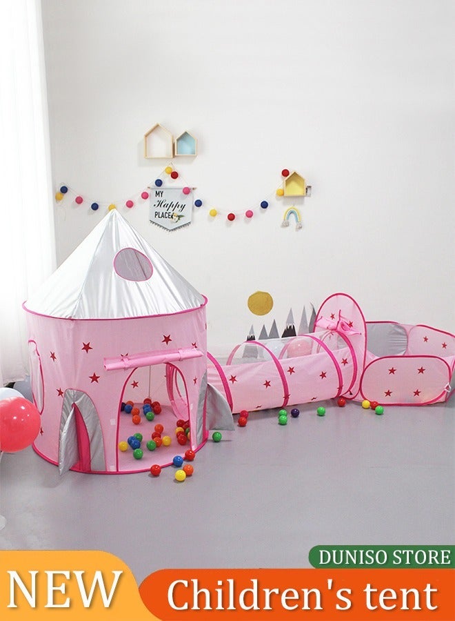DUNISO 3 Pcs Kids Play Tent Sets (Play Tent, Crawl Tunnel And Ball Pit) Pop Up Portable Play Tent, Children Castle Playhouse For Girls & Boys, Indoor And Outdoor (Pink) - Image 1