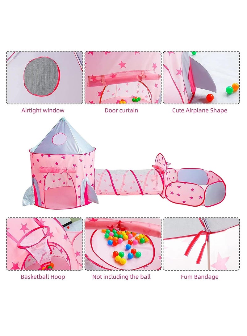 DUNISO 3 Pcs Kids Play Tent Sets (Play Tent, Crawl Tunnel And Ball Pit) Pop Up Portable Play Tent, Children Castle Playhouse For Girls & Boys, Indoor And Outdoor (Pink) - Image 4