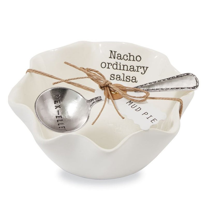 Mud Pie Salsa Ceramic Dip Cup Set Nacho White  Silver