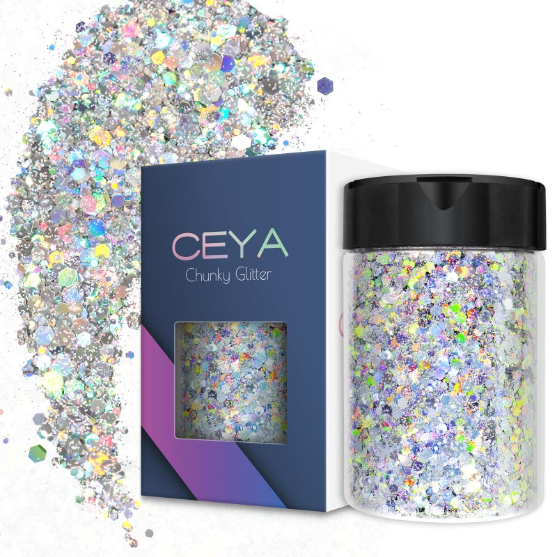 Ceya Holographic Chunky Glitter 49oz 140g Diamond Silver Craft Glitter Powder Mixed Fine Flakes Iridescent Nail Sequins for Nail Art Hair Epoxy Resin Tumblers Slime Painting Festival Decor