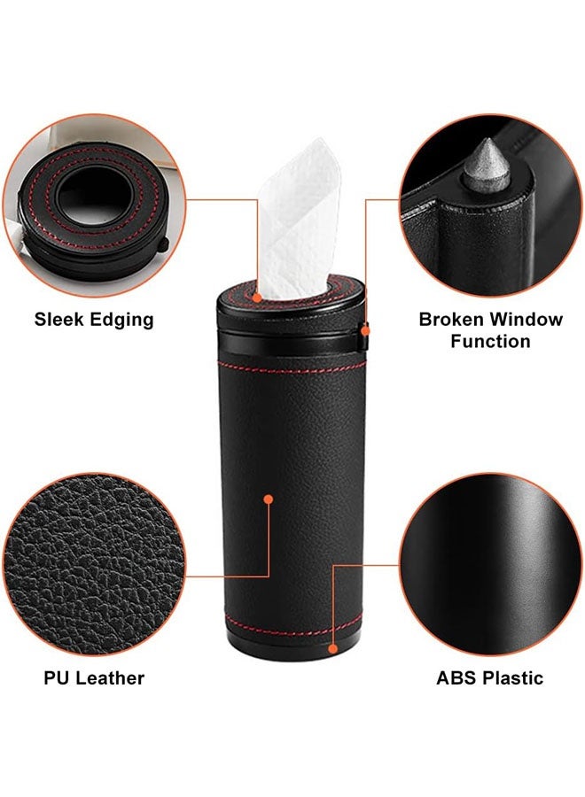 Cylindrical Car Tissue Tube, PU Leather Round Tissues Container for Car Cup Holder, Car Tissue Box with Up to 30 Count Tissue, Black - Image 2