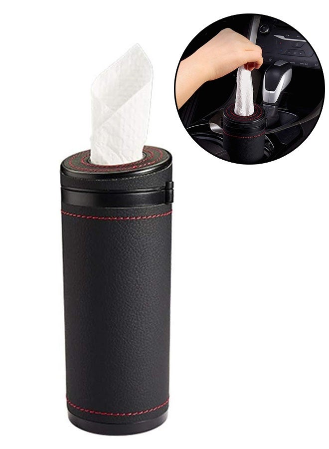 Cylindrical Car Tissue Tube, PU Leather Round Tissues Container for Car Cup Holder, Car Tissue Box with Up to 30 Count Tissue, Black - Image 1