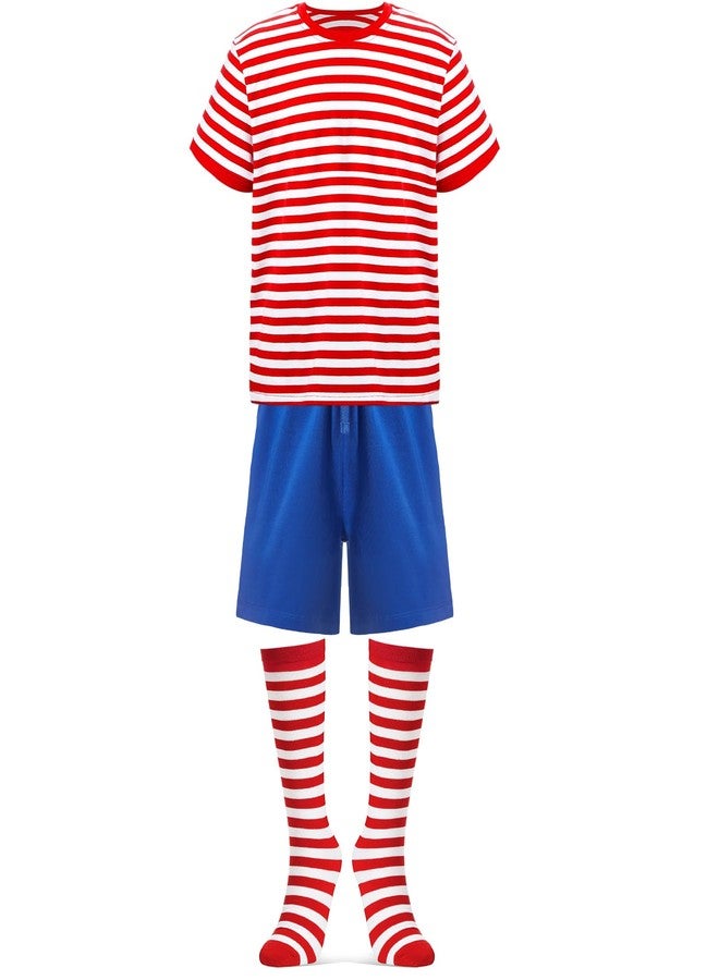Haysandy 4th of July Kids Striped Costume Blue Short Red White Sleeve Stripes Tee Boys Short High Tube Socks for Boys(7-9 Years) - Image 1