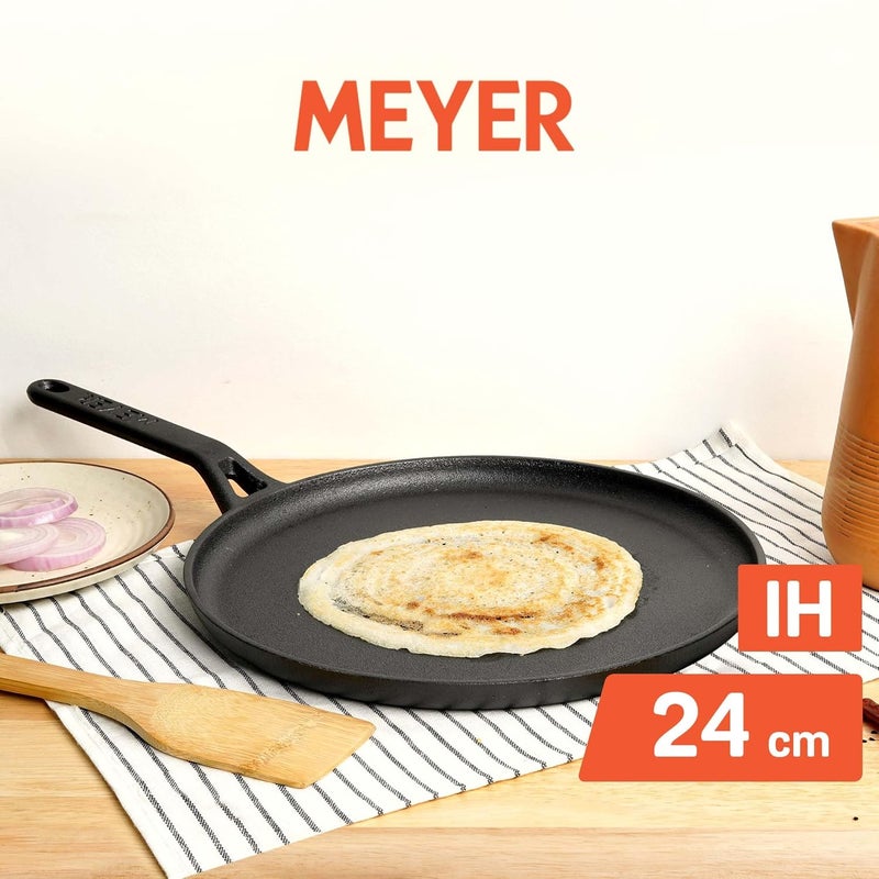 MEYER Pre-Seasoned Cast Iron Flat Dosa/Roti/Chapati Tawa Pan with Stick Handle, Dosa Kallu, Iron Tawa Small Size, Gas and Induction Compatible | 24cm, Black - Image 2