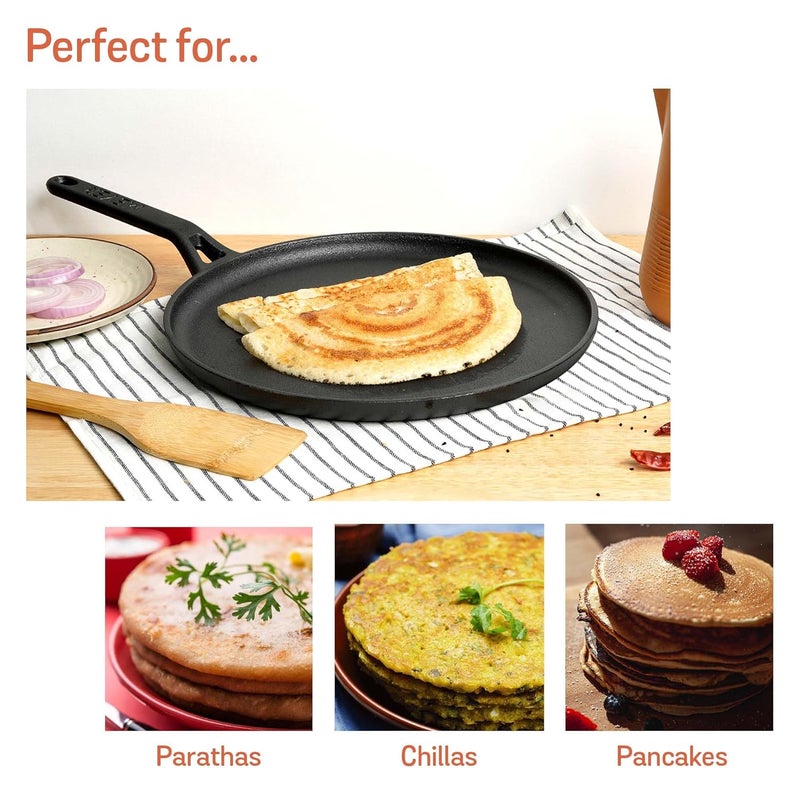 MEYER Pre-Seasoned Cast Iron Flat Dosa/Roti/Chapati Tawa Pan with Stick Handle, Dosa Kallu, Iron Tawa Small Size, Gas and Induction Compatible | 24cm, Black - Image 4