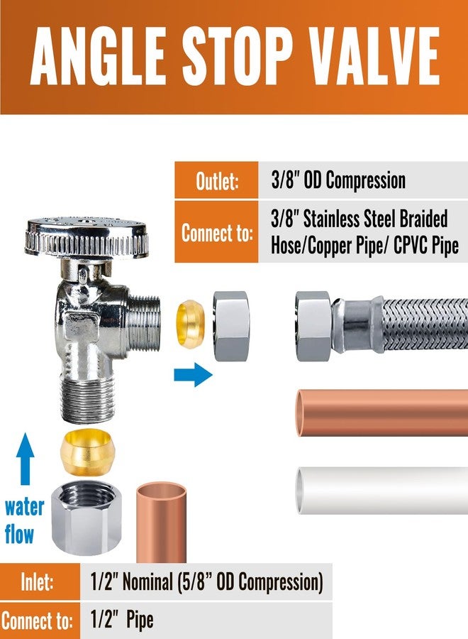 SUNGATOR صمام إيقاف زاوية SUNGATOR، عبوة من 12 قطعة، مدخل ضغط اسمي 1/2 بوصة (قطر خارجي 5/8 بوصة) × مخرج ضغط 3/8 بوصة، صمام إغلاق نحاسي مطلي بالكروم 1/4 دورة للمرحاض والصنبور، معتمد من UPC - Image 3