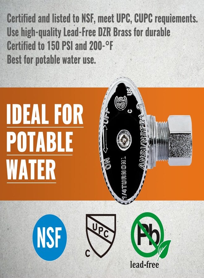 SUNGATOR صمام إيقاف زاوية SUNGATOR، عبوة من 12 قطعة، مدخل ضغط اسمي 1/2 بوصة (قطر خارجي 5/8 بوصة) × مخرج ضغط 3/8 بوصة، صمام إغلاق نحاسي مطلي بالكروم 1/4 دورة للمرحاض والصنبور، معتمد من UPC - Image 4