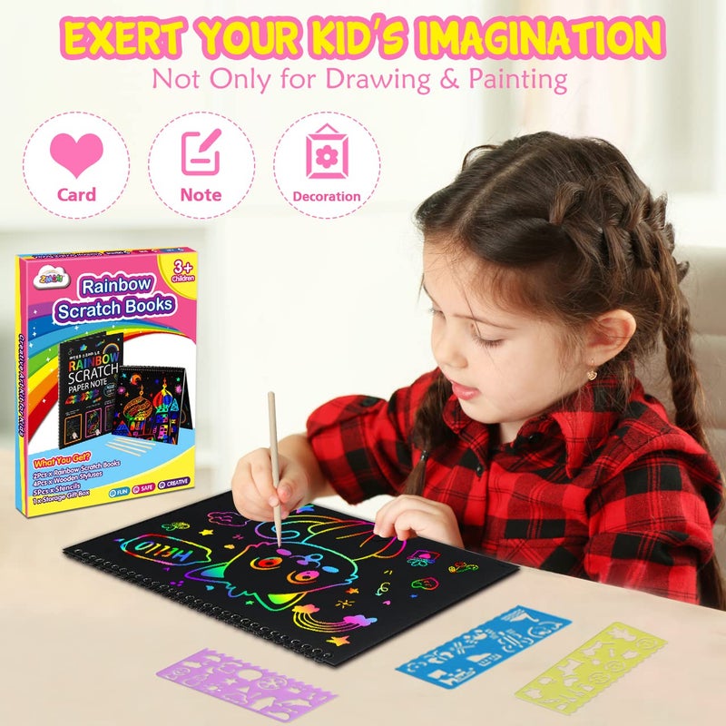 ZMLM Scratch Paper Art-Crafts Gift: 2 Pack Rainbow Notebooks Supplies Toys Easter Basket Stuffers for 3 4 5 6 7 8 9 10 Years Old Girls and Boys Kids Valentine's Day Birthday Party Games (Yellow) - Image 2