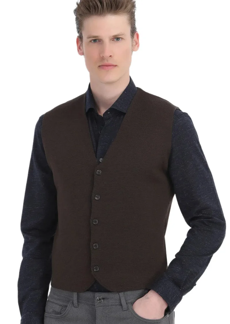 RAMSEY Brown Regular Fit V-Neck Casual Knitting Knit Vest