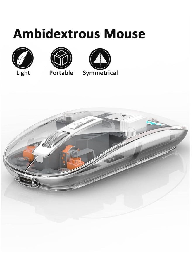 Wireless Bluetooth Mouse, Tri-Mode (BT1+BT2+2.4G) USB C Rechargeable Computer Mouse, Full Transparent Portable Silent Mouse with USB Receiver for Laptop (Grey)