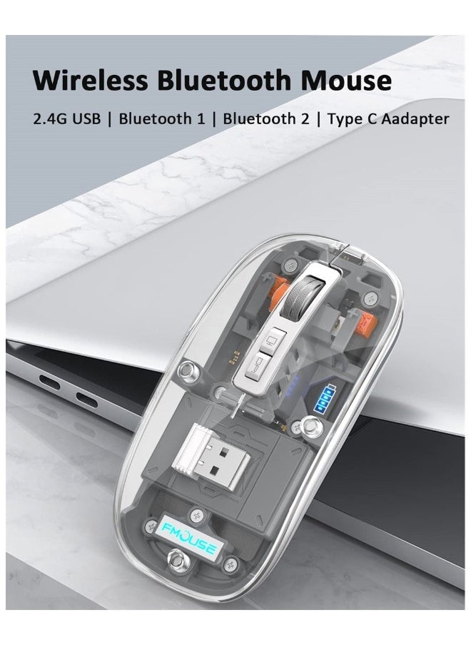 NIBEMINENT Wireless Bluetooth Mouse, Tri-Mode (BT1+BT2+2.4G) USB C Rechargeable Computer Mouse, Full Transparent Portable Silent Mouse with USB Receiver for Laptop (Grey)  - Image 3